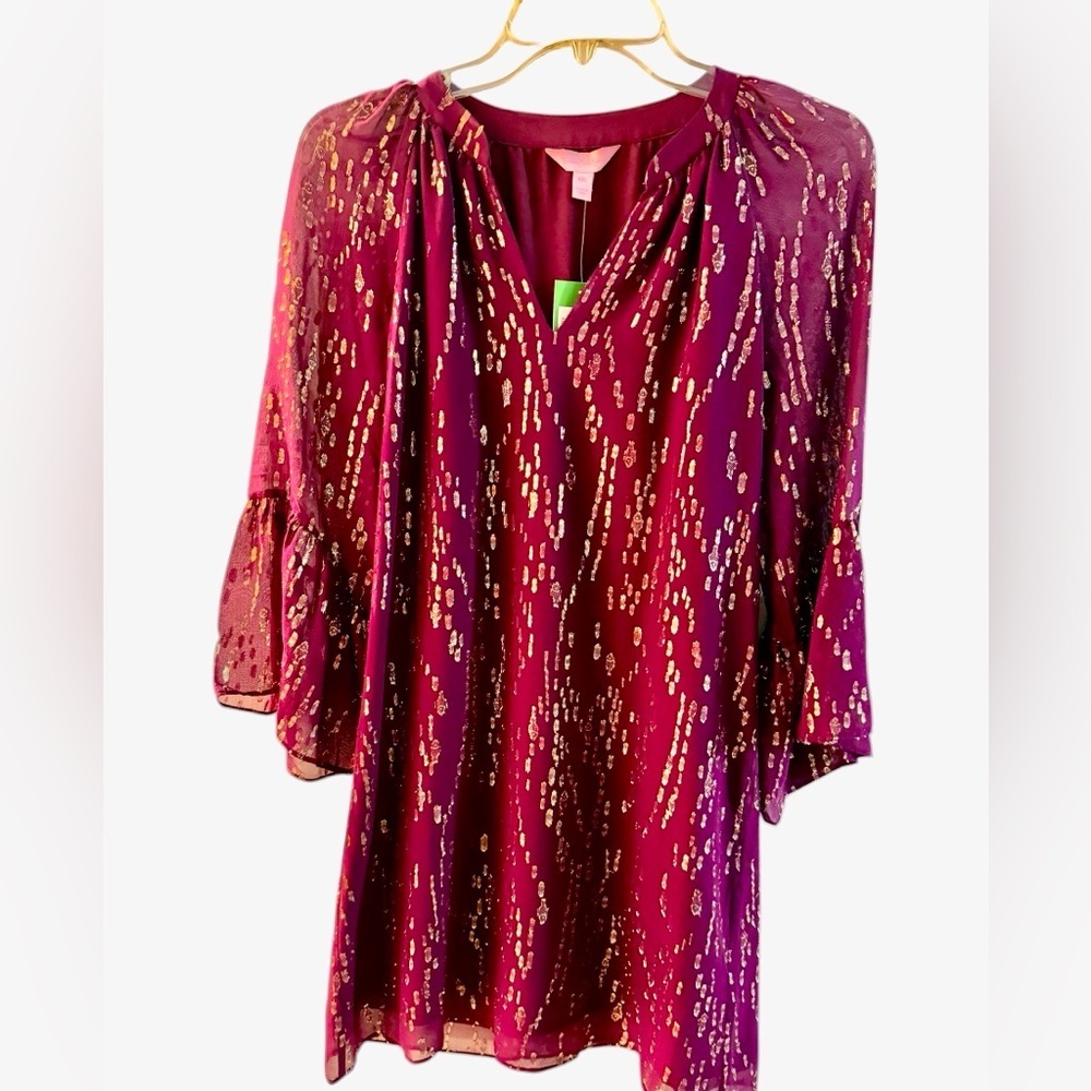 NEW Lilly Pulitzer MATILDA SILK dress bell sleeve GORGEOUS wine gold sparkle XXS